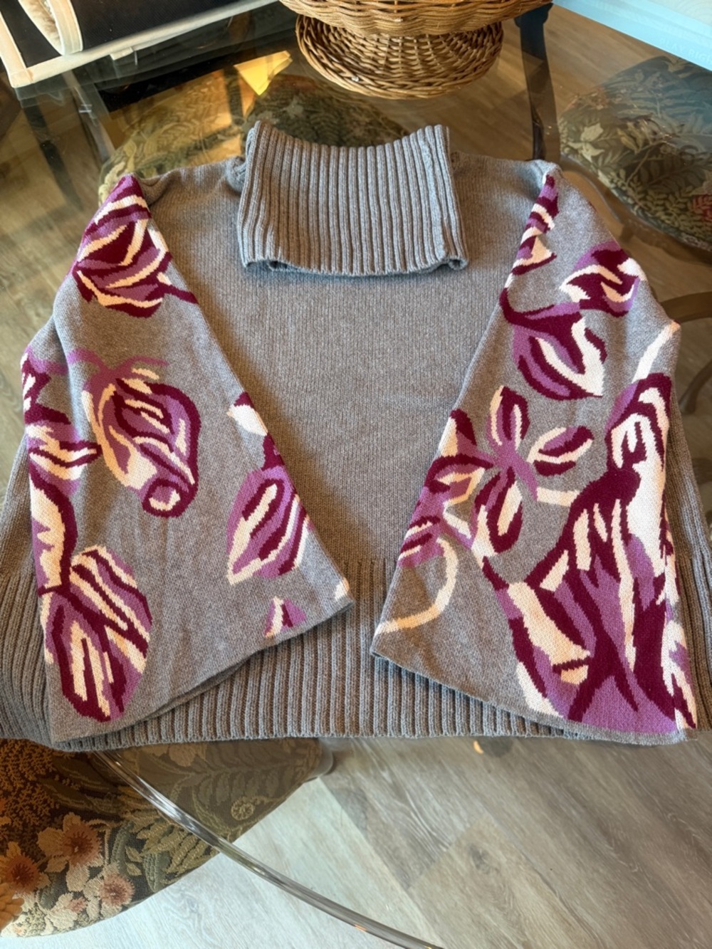 CAbi Gray Turtleneck Sweater with Pink Floral Sleeves